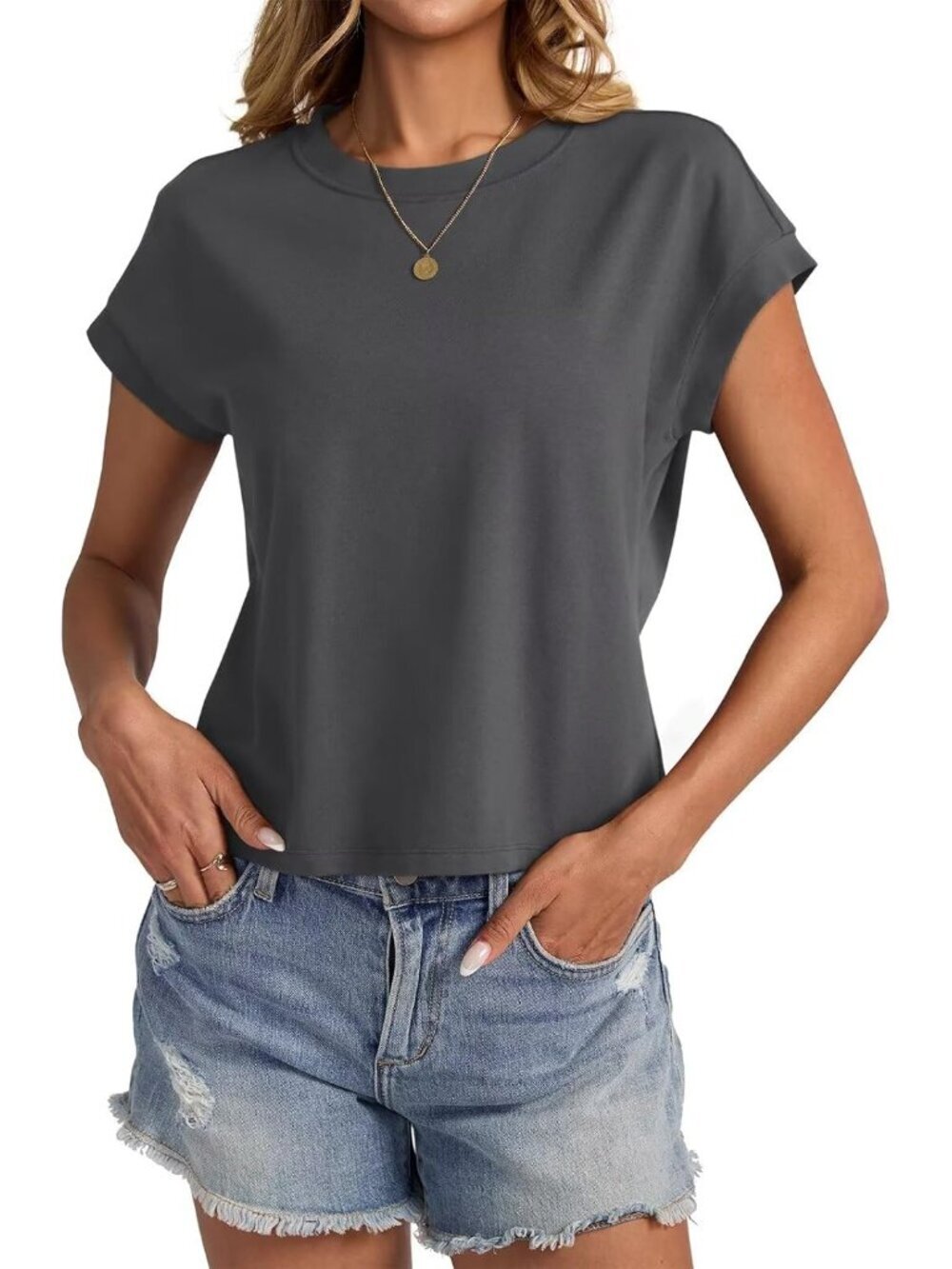 Women's Charcoal Black Cap Sleeve Crewneck Loose Fit Casual Pull On Crop Tops - Picture 4 of 5